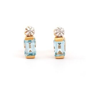 Art Deco Retro Inspired Plated 18KT Yellow Gold Blue Topaz & Diamond Earrings
